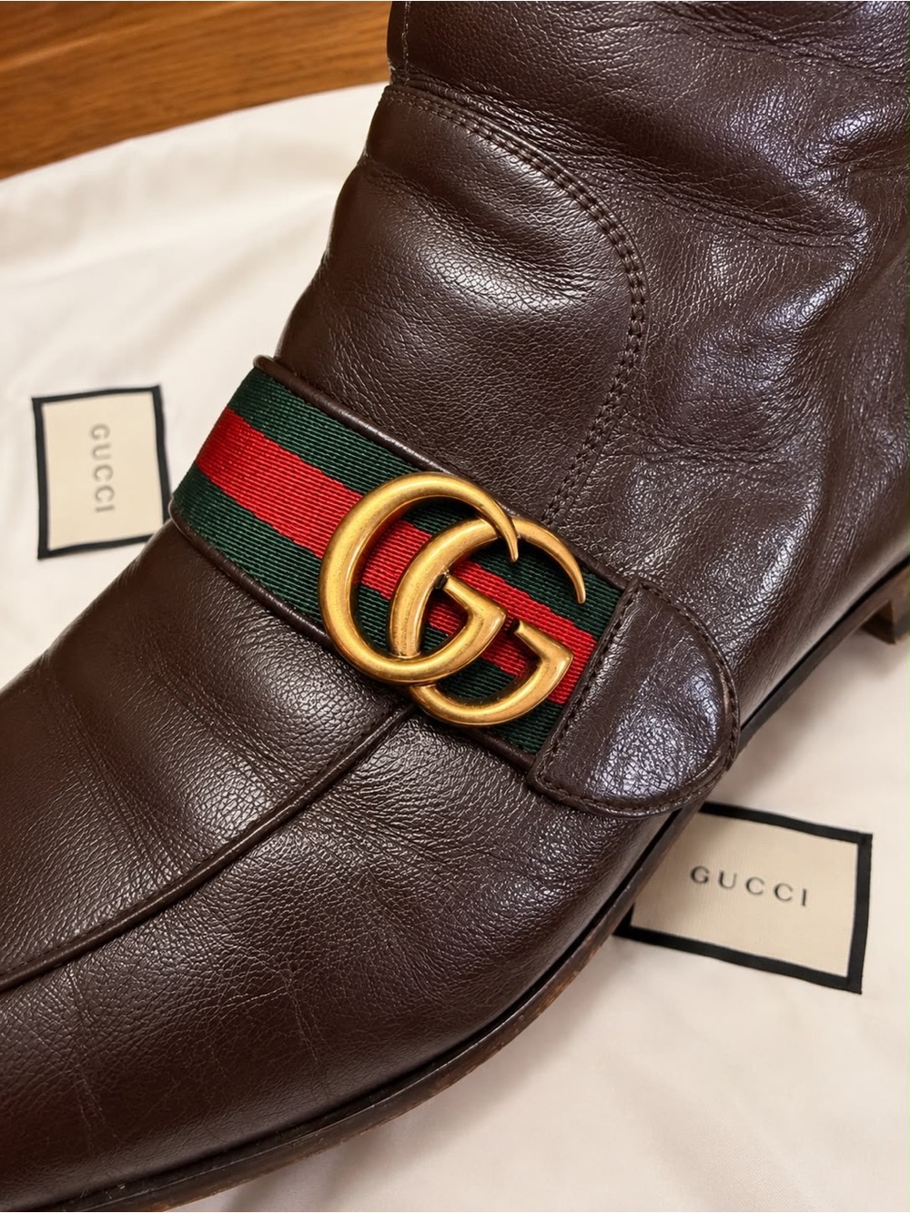 Gucci Brown Leather Men’s Ankle Chukka Boots with Green-Red Web & Gold Double G. - Picture 3 of 9